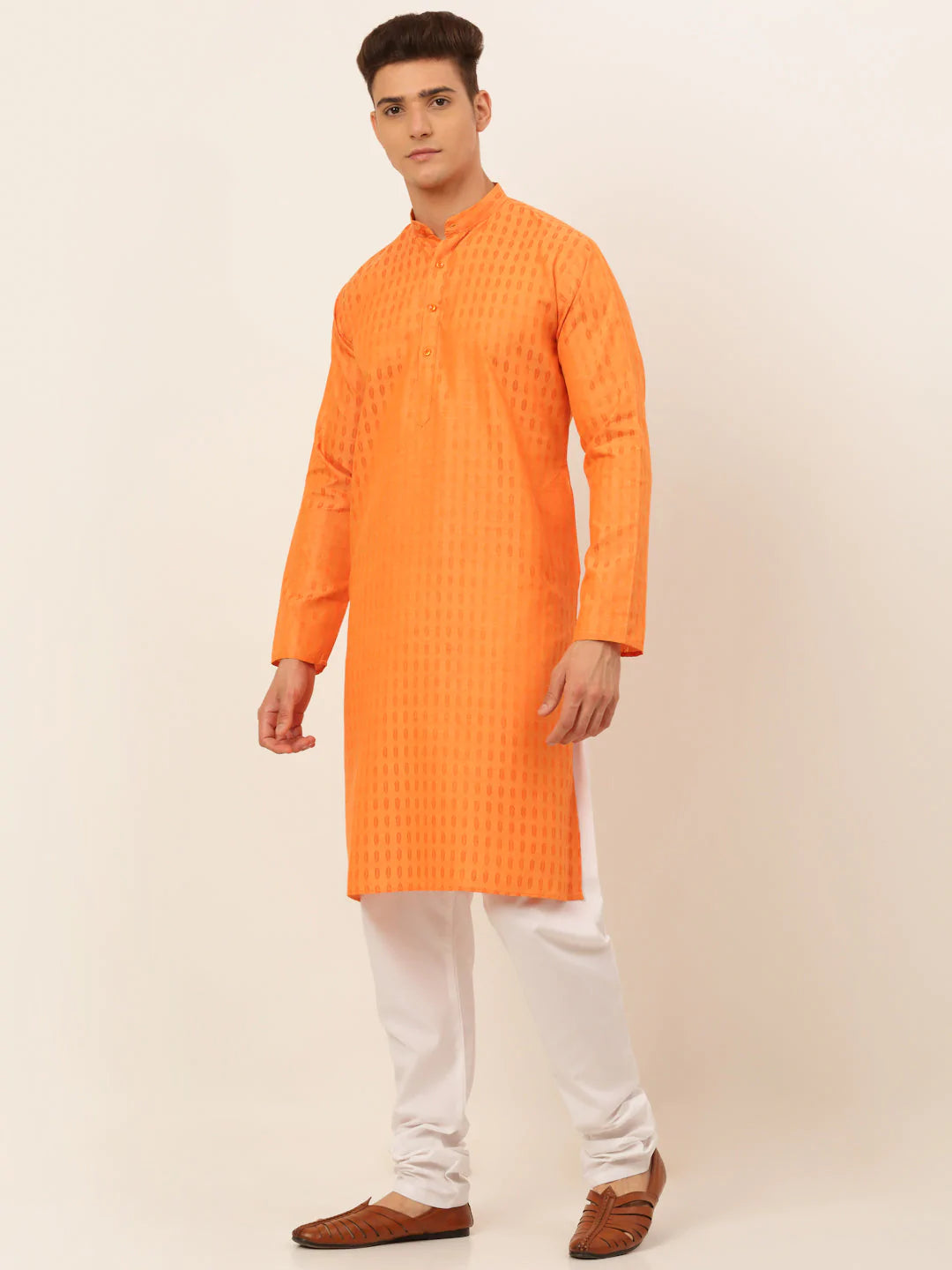 Jompers Men's Orange Woven Design Kurta Pajama ( JOKP 675 Orange )