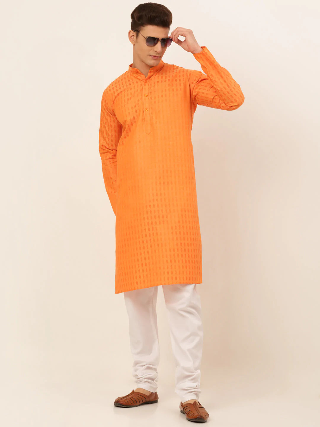 Jompers Men's Orange Woven Design Kurta Pajama ( JOKP 675 Orange )