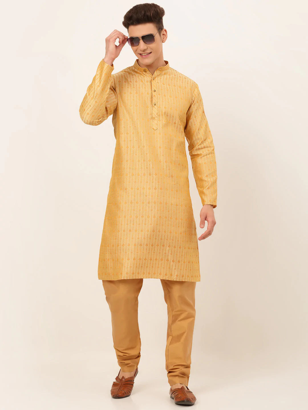 Jompers Men's Golden Embroidered Kurta Payjama Sets ( JOKP 676 Golden )