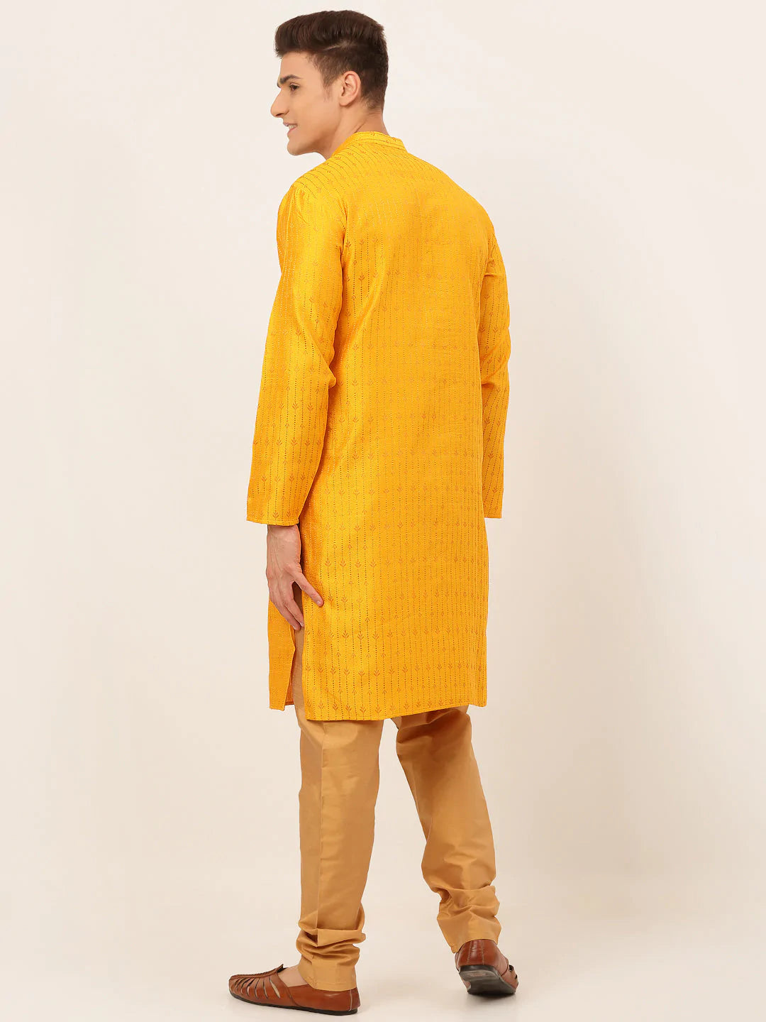 Jompers Men's Mustard Embroidered Kurta Payjama Sets ( JOKP 676 Mustard )