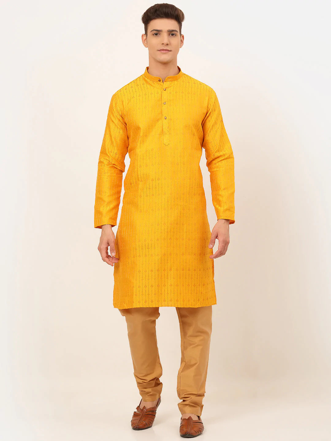 Jompers Men's Mustard Embroidered Kurta Payjama Sets ( JOKP 676 Mustard )