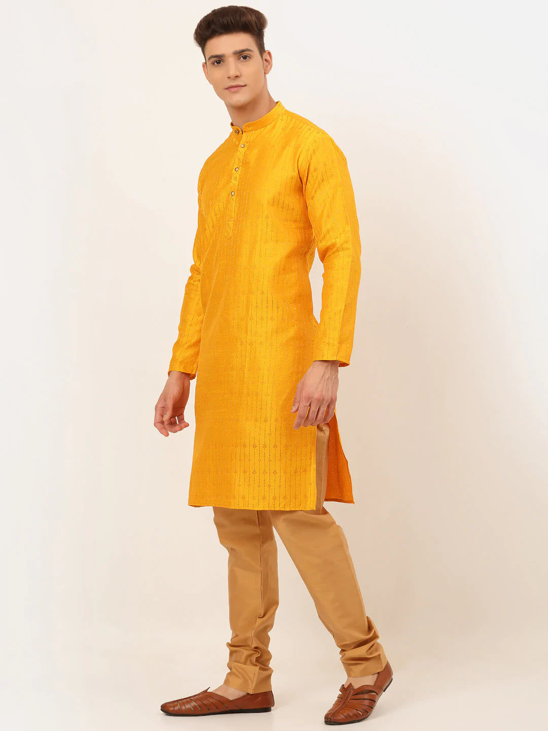 Jompers Men's Mustard Embroidered Kurta Payjama Sets ( JOKP 676 Mustard )