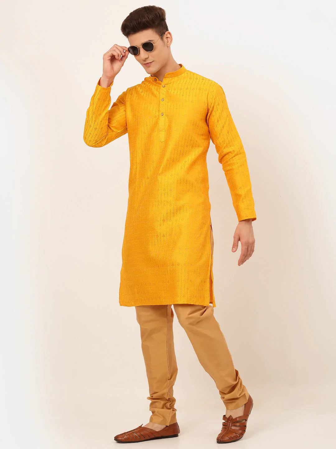 Jompers Men's Mustard Embroidered Kurta Payjama Sets ( JOKP 676 Mustard )