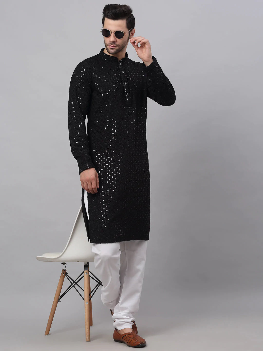 Men Black Chikankari Embroidered and Sequence Kurta with Churidar ( JOKP 678 Black )