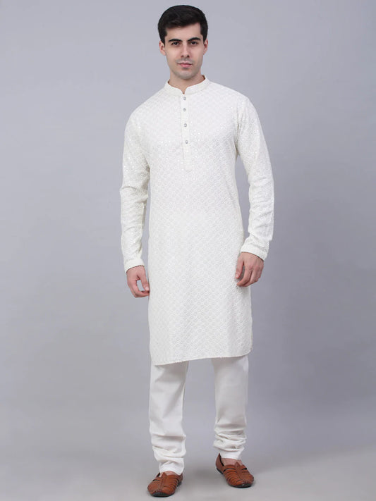 Men White Chikankari Embroidered and Sequence Kurta with Churidar ( JOKP 678 White )