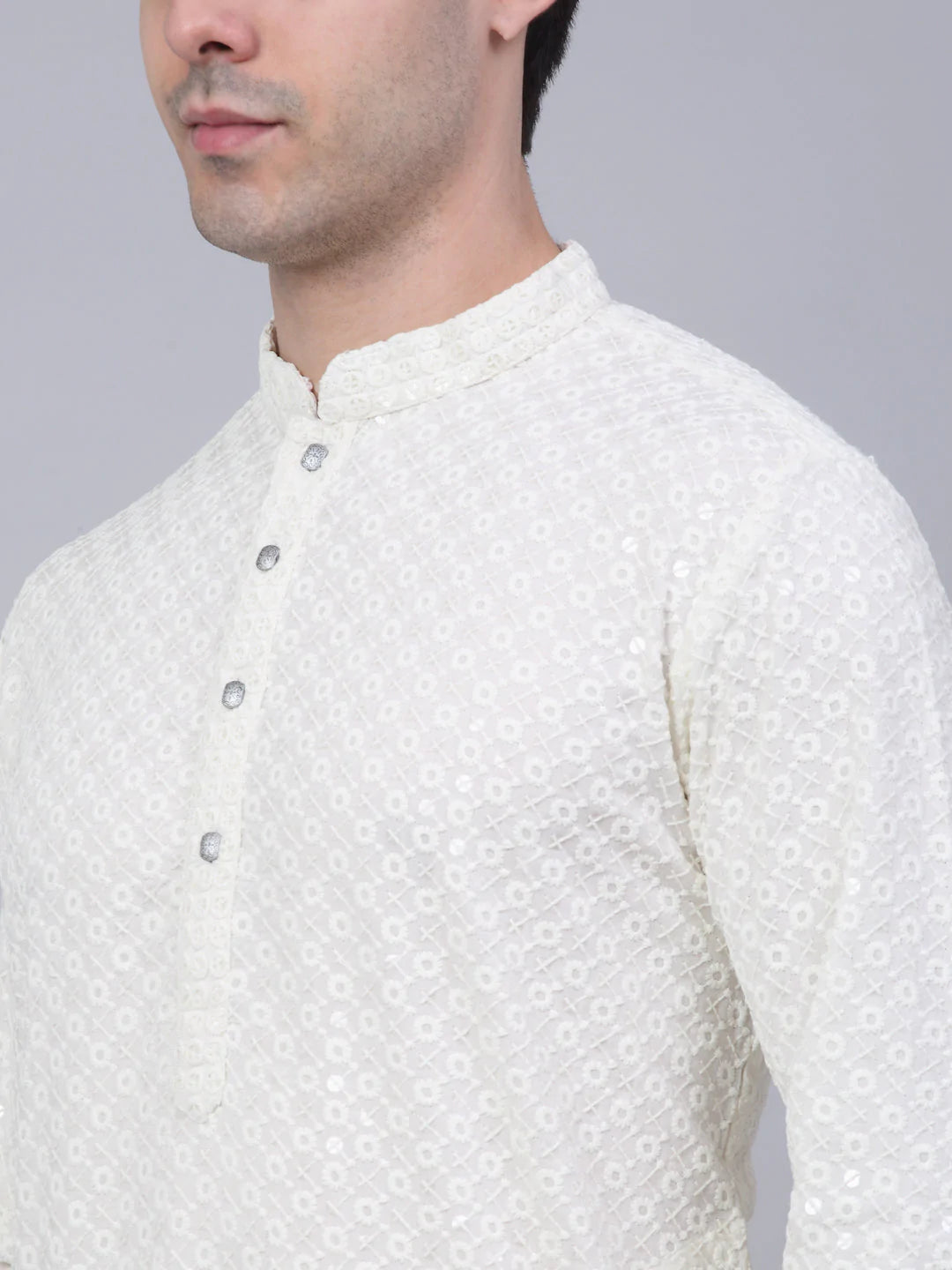 Men White Chikankari Embroidered and Sequence Kurta with Churidar ( JOKP 678 White )