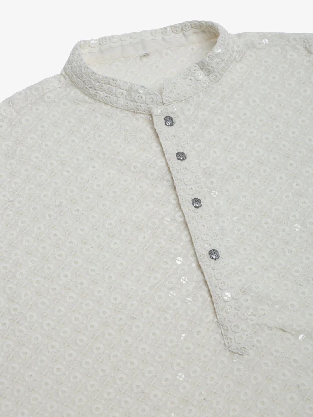 Men White Chikankari Embroidered and Sequence Kurta with Churidar ( JOKP 678 White )