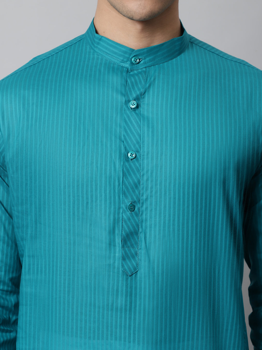 Jompers Men's Teal Blue Cotton Striped Kurta Payjama Sets ( JOKP 679Teal )