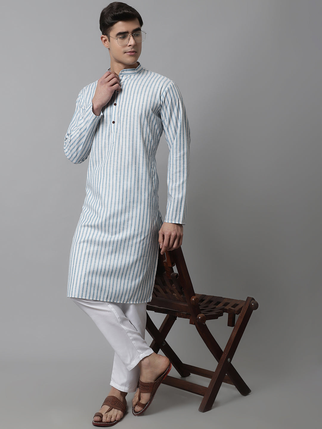 Men Sky Blue and White Striped Kurta with Pyjama ( JOKP 683Sky )