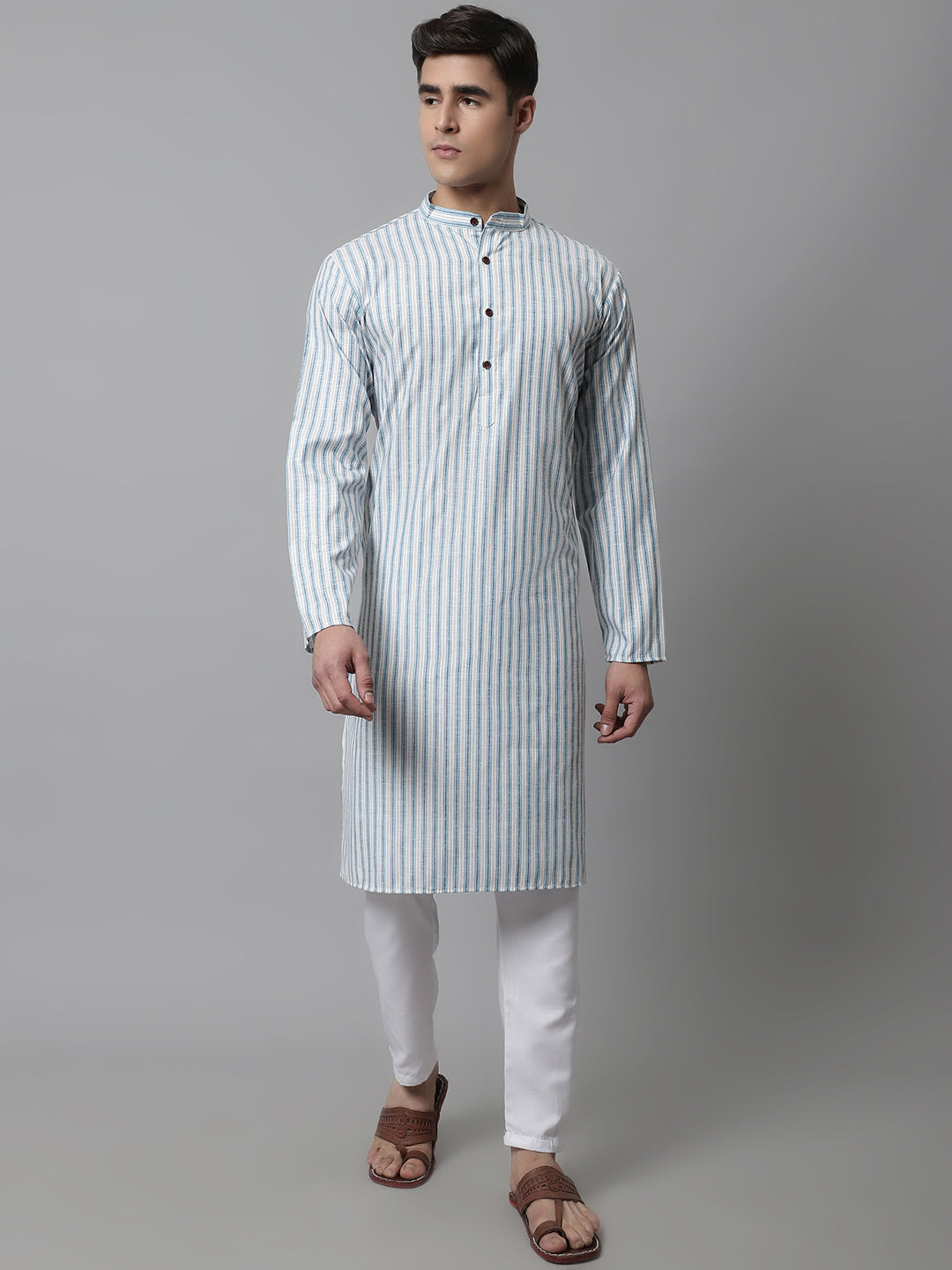 Men Sky Blue and White Striped Kurta with Pyjama ( JOKP 683Sky )