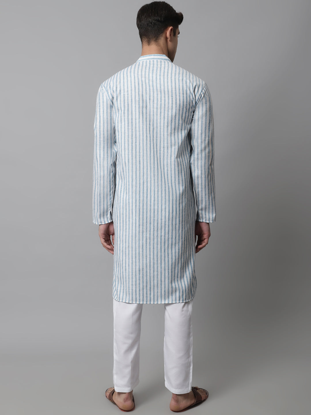 Men Sky Blue and White Striped Kurta with Pyjama ( JOKP 683Sky )