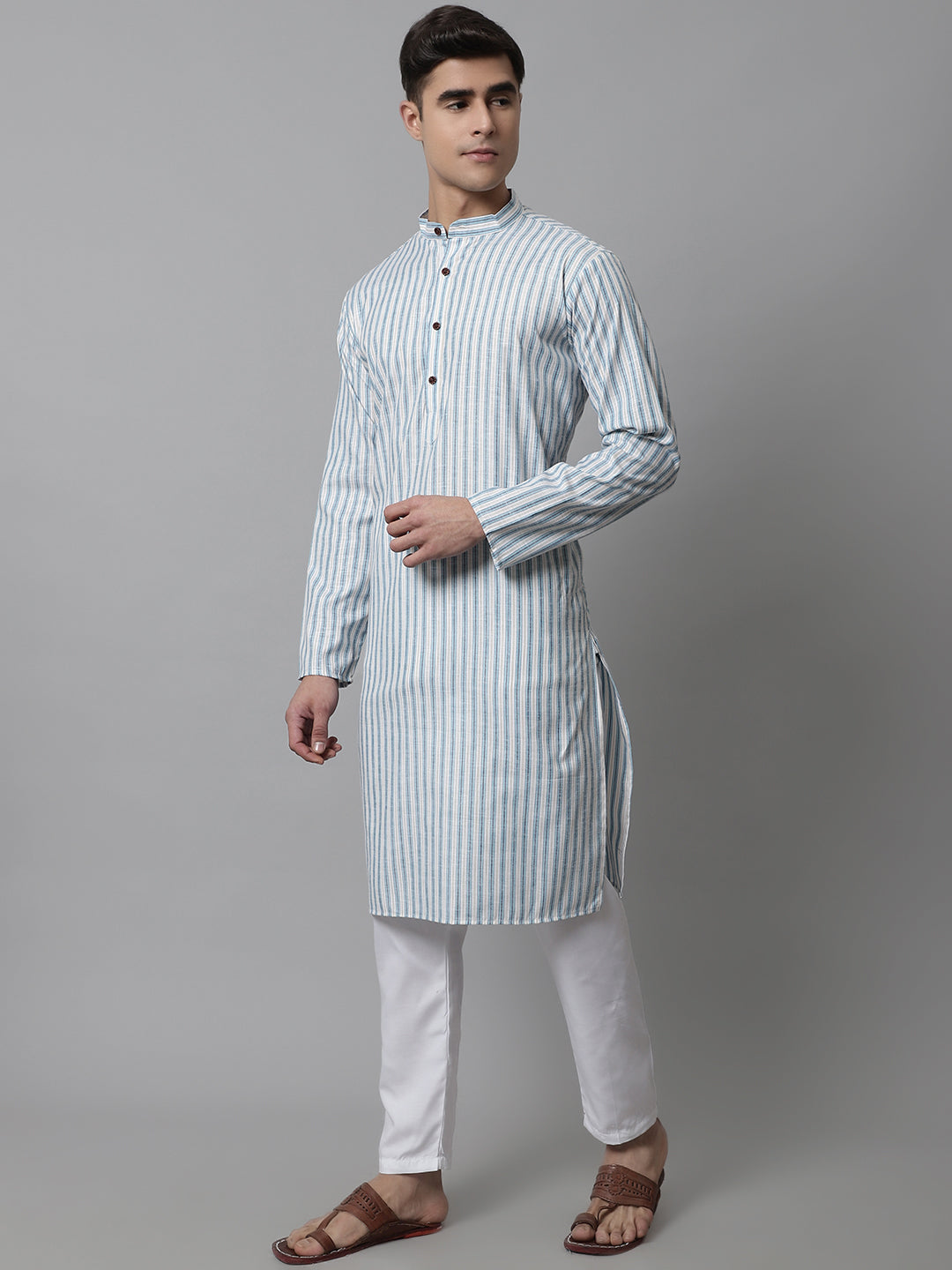 Men Sky Blue and White Striped Kurta with Pyjama ( JOKP 683Sky )