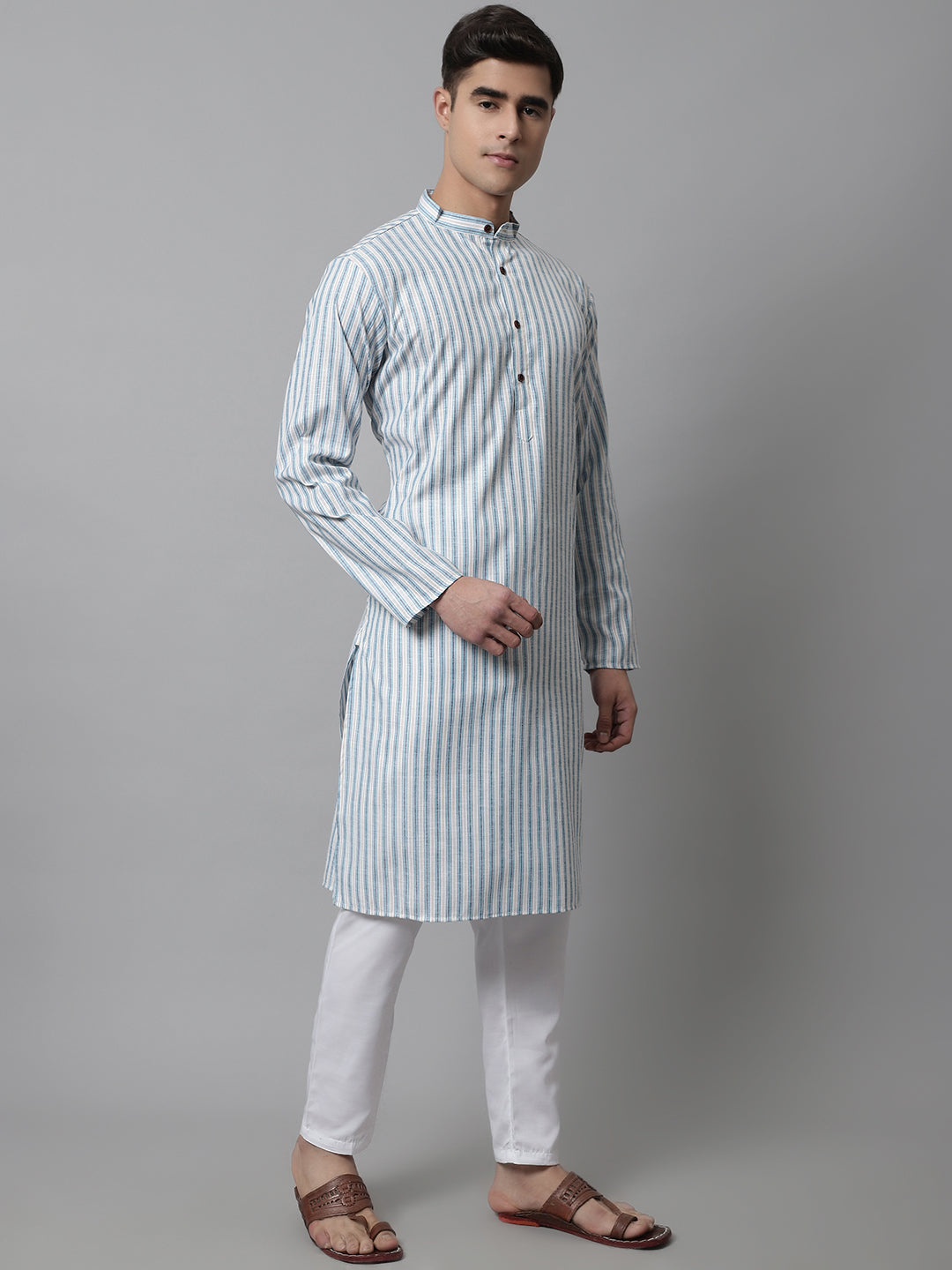 Men Sky Blue and White Striped Kurta with Pyjama ( JOKP 683Sky )