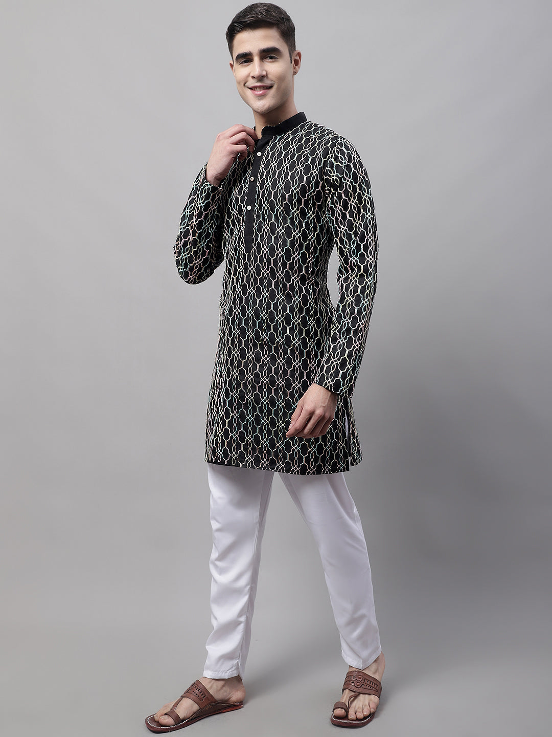 Men's Black and Multi Coloured Embroidered Straight Kurta Pyjama Set