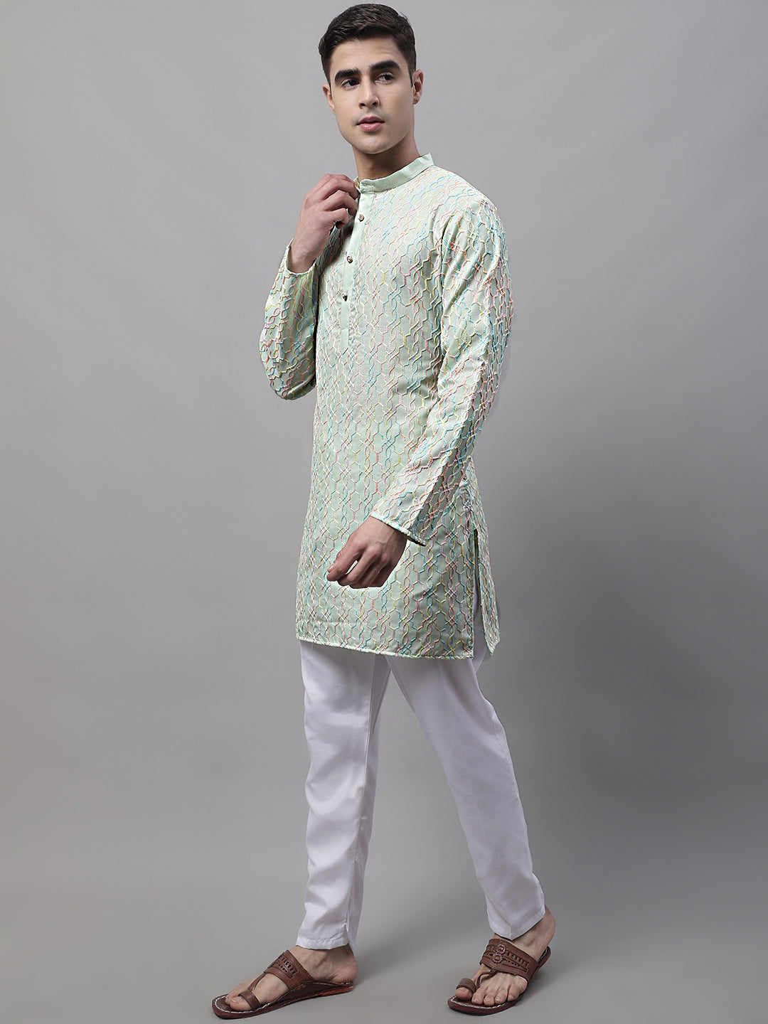 Men's Pista  Green and Multi Coloured Embroidered Straight Kurta Pyjama Set