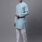 Men's Sky Blue and Multi Coloured Embroidered Straight Kurta Pyjama Set