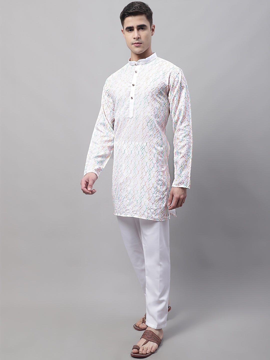 Men's White and Multi Coloured Embroidered Straight Kurta Pyjama Set
