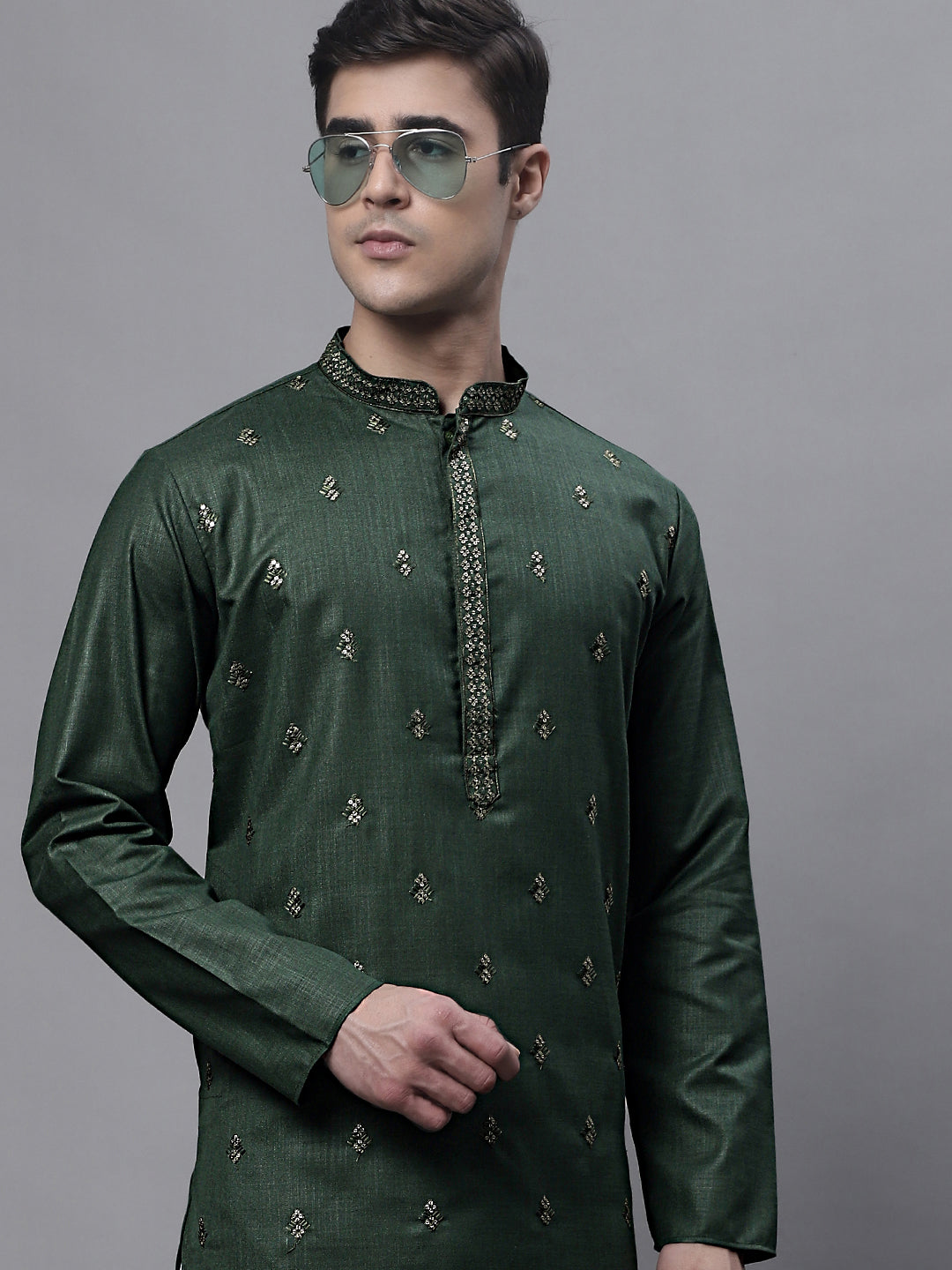 Men's Olive Green Embroidered Straight Kurta Pyjama Set