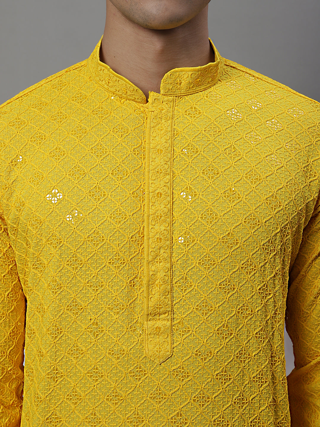 Men's Yellow Chikankari Embroidered and Sequence Kurtas