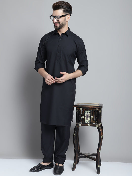 Men's Black Cotton Solid Pathani Kurta with Salwar