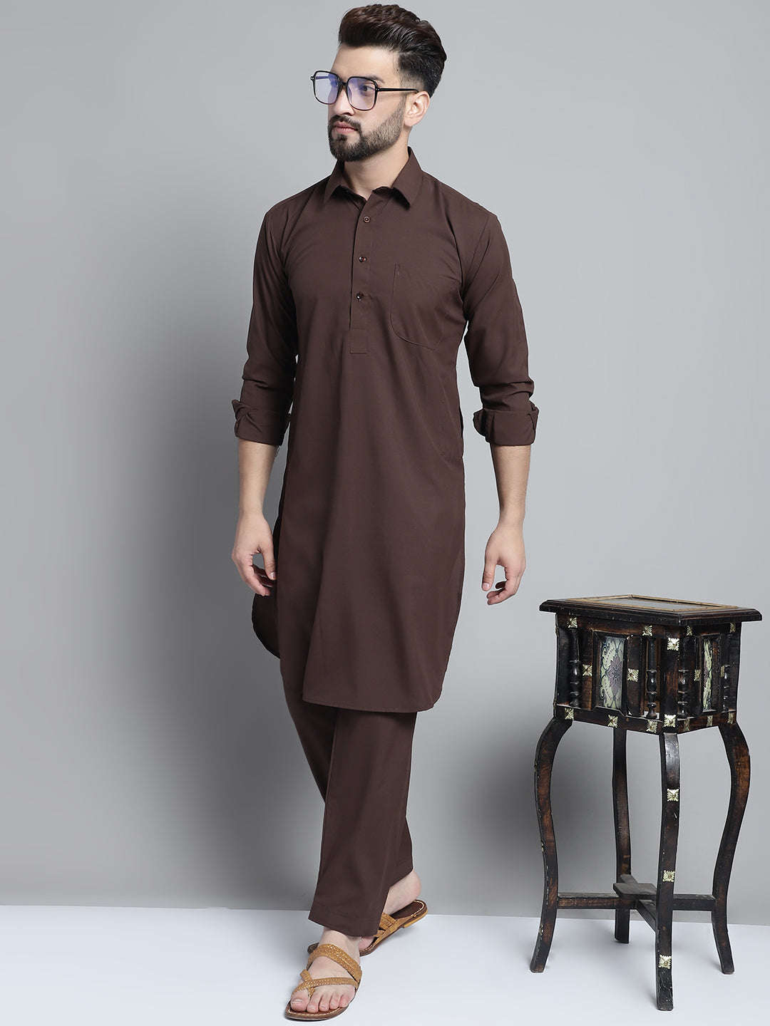 Men's Coffee Brown Cotton Solid Pathani Kurta with Salwar