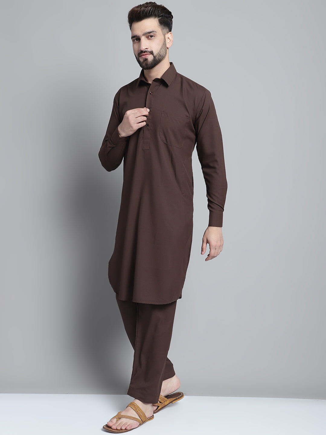 Men's Coffee Brown Cotton Solid Pathani Kurta with Salwar