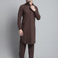 Men's Coffee Brown Cotton Solid Pathani Kurta with Salwar