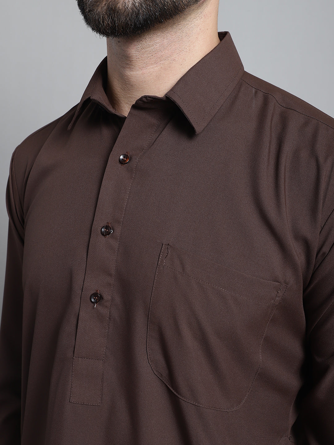 Men's Coffee Brown Cotton Solid Pathani Kurta with Salwar