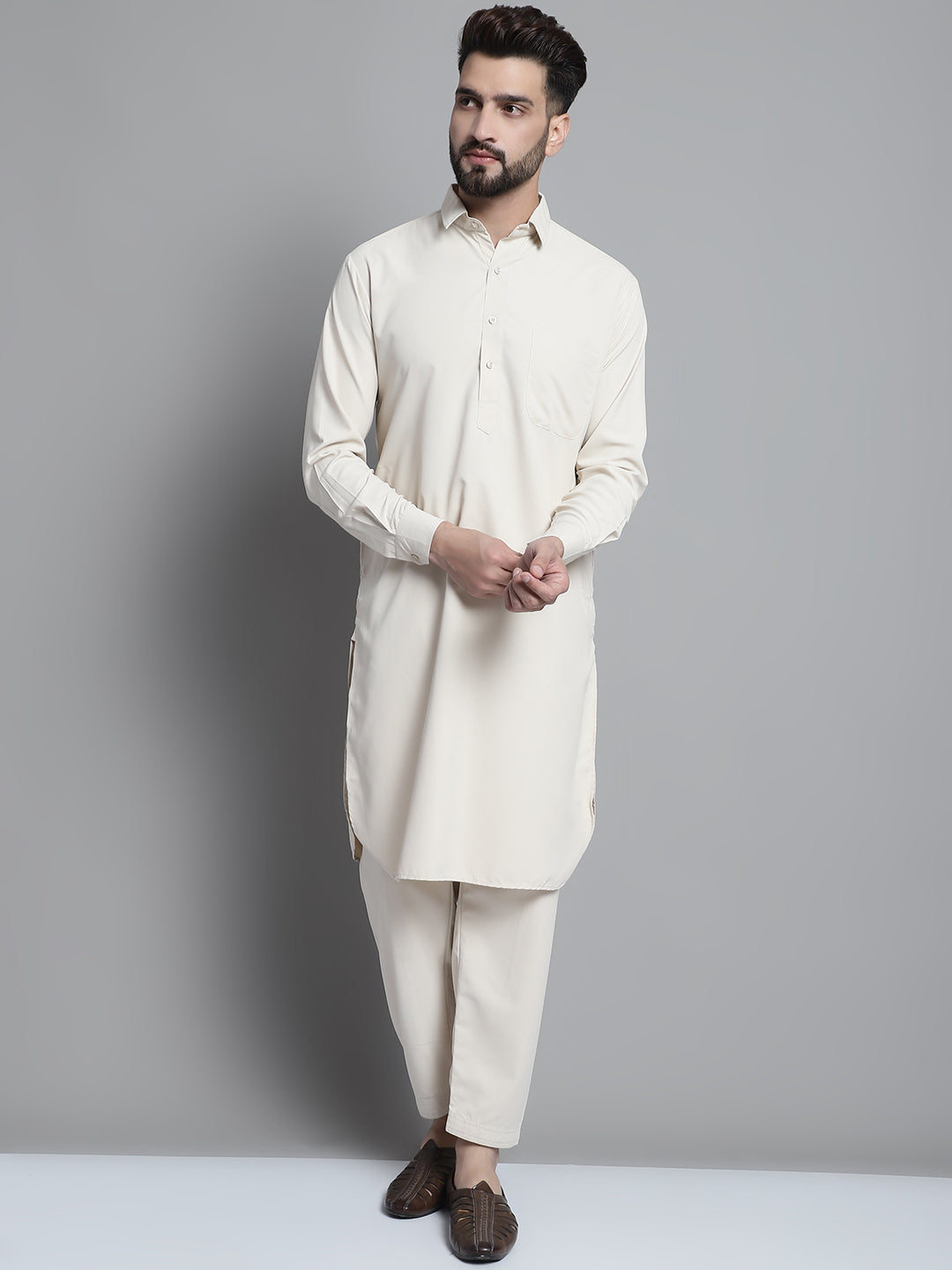 Men's Cream Cotton Solid Pathani Kurta with Salwar
