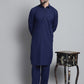 Men's Navy Blue Cotton Solid Pathani Kurta with Salwar