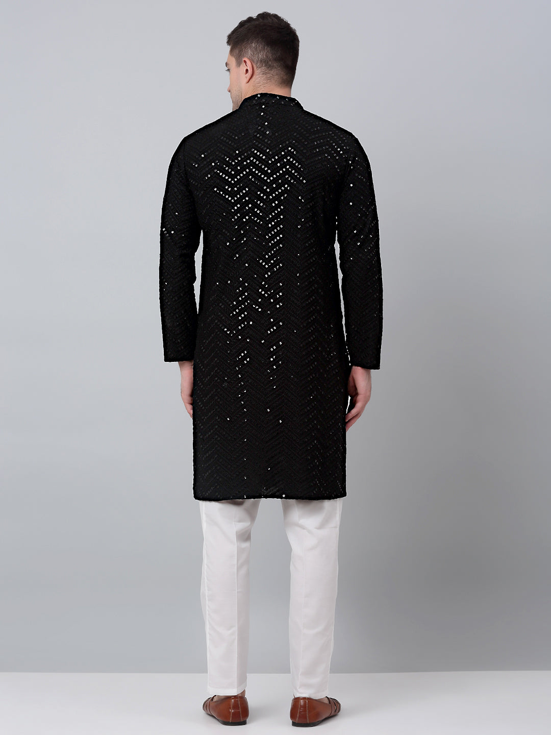 Men Black Embroidered Sequinned Kurta with Churidar