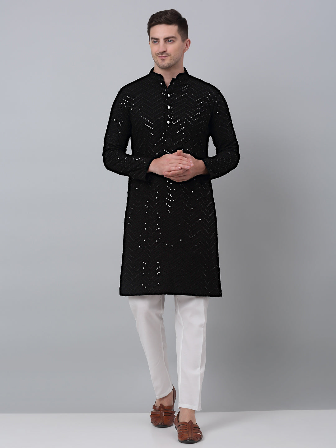 Men Black Embroidered Sequinned Kurta with Churidar