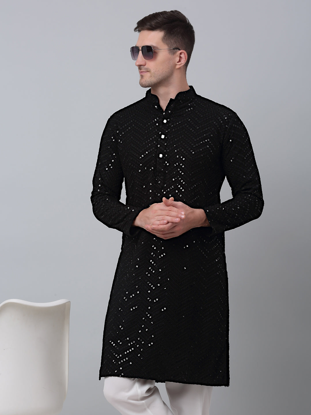 Men Black Embroidered Sequinned Kurta with Churidar