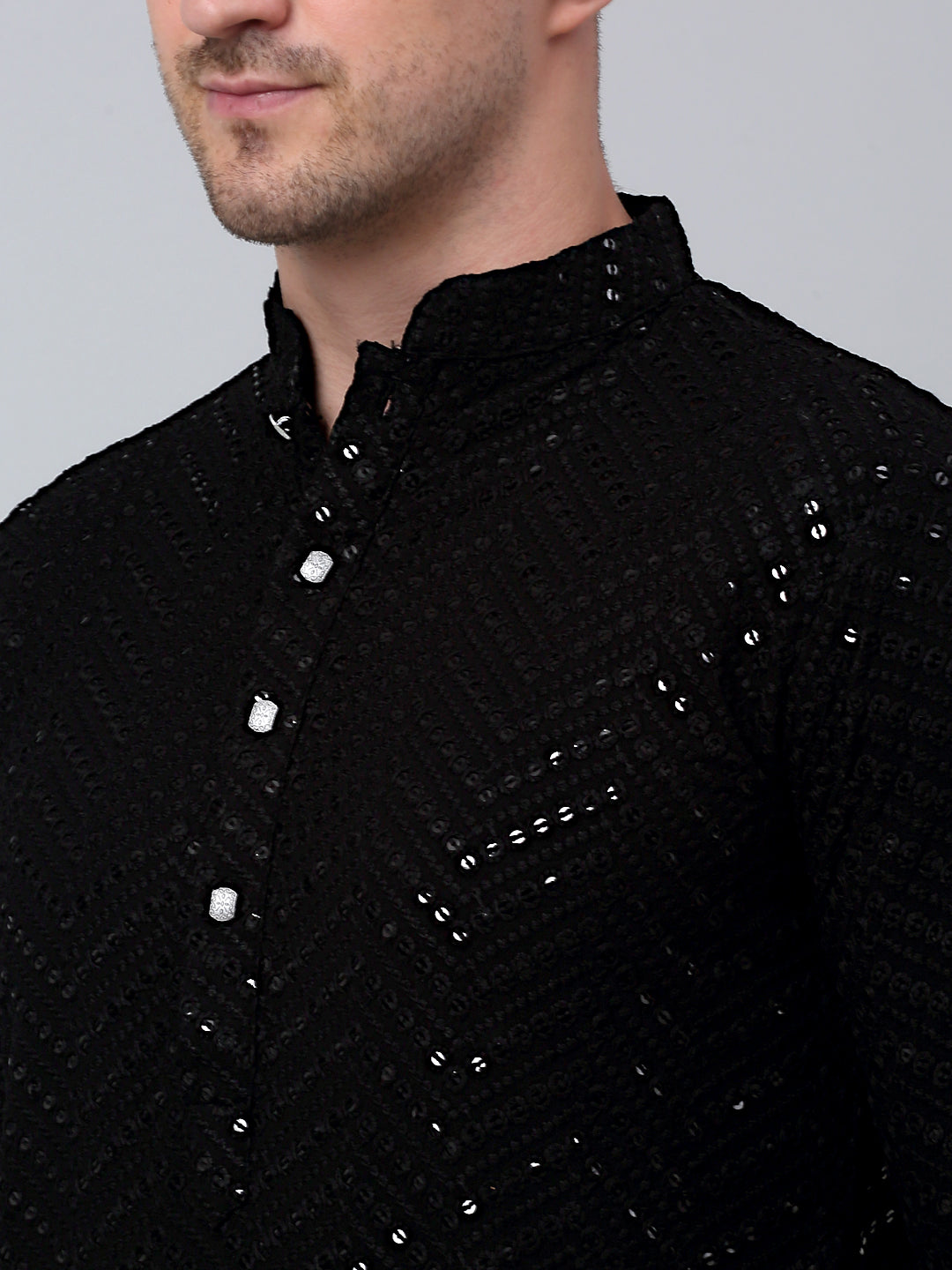 Men Black Embroidered Sequinned Kurta with Churidar