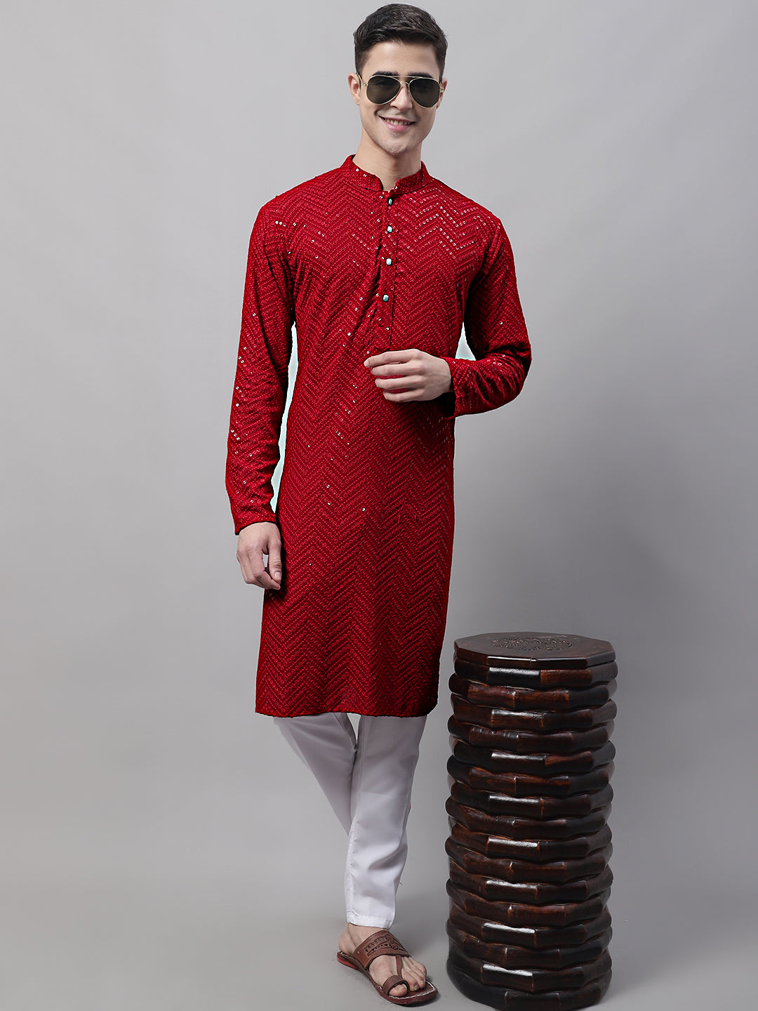 Men Navy Blue Embroidered Sequinned Kurta with Churidar