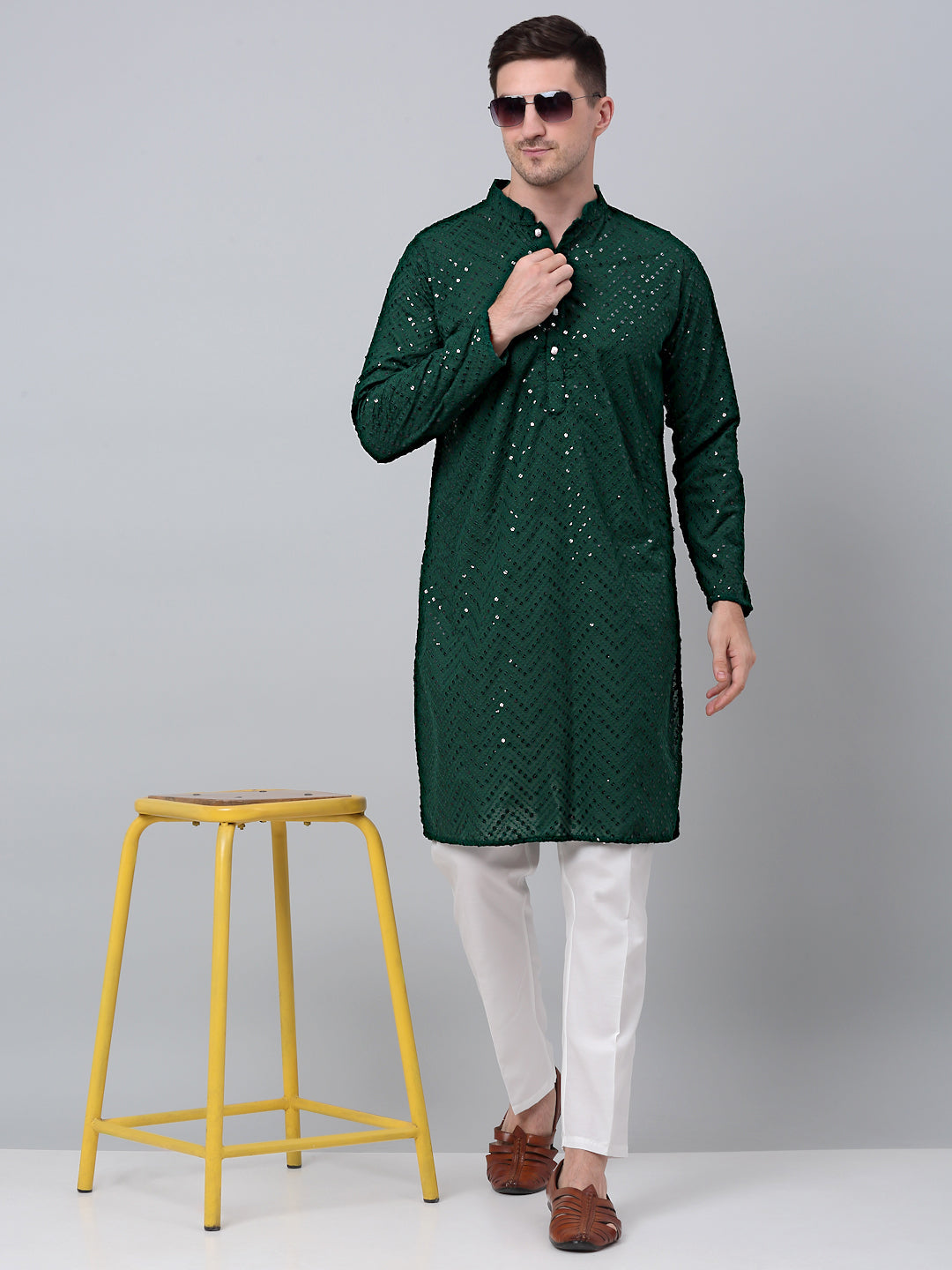 Men Olive Green Embroidered Sequinned Kurta with Churidar