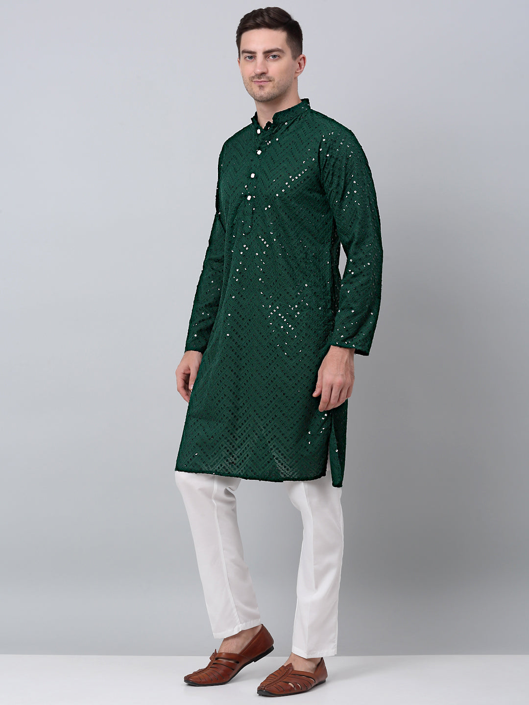 Men Olive Green Embroidered Sequinned Kurta with Churidar