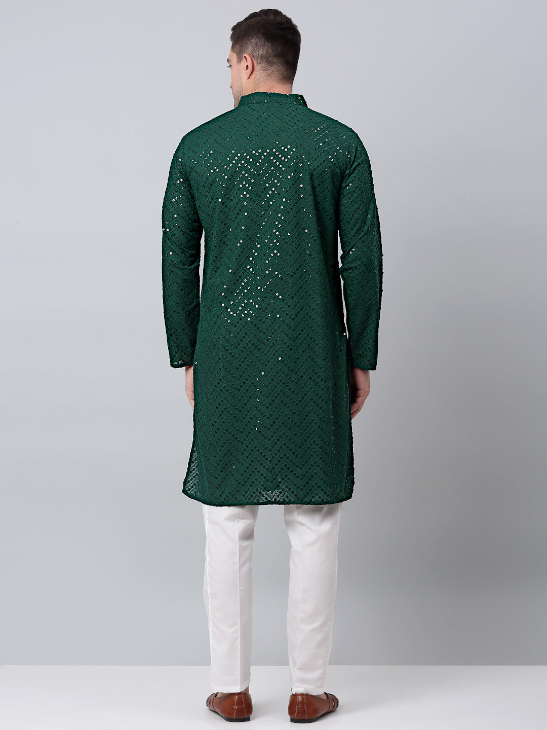 Men Olive Green Embroidered Sequinned Kurta with Churidar