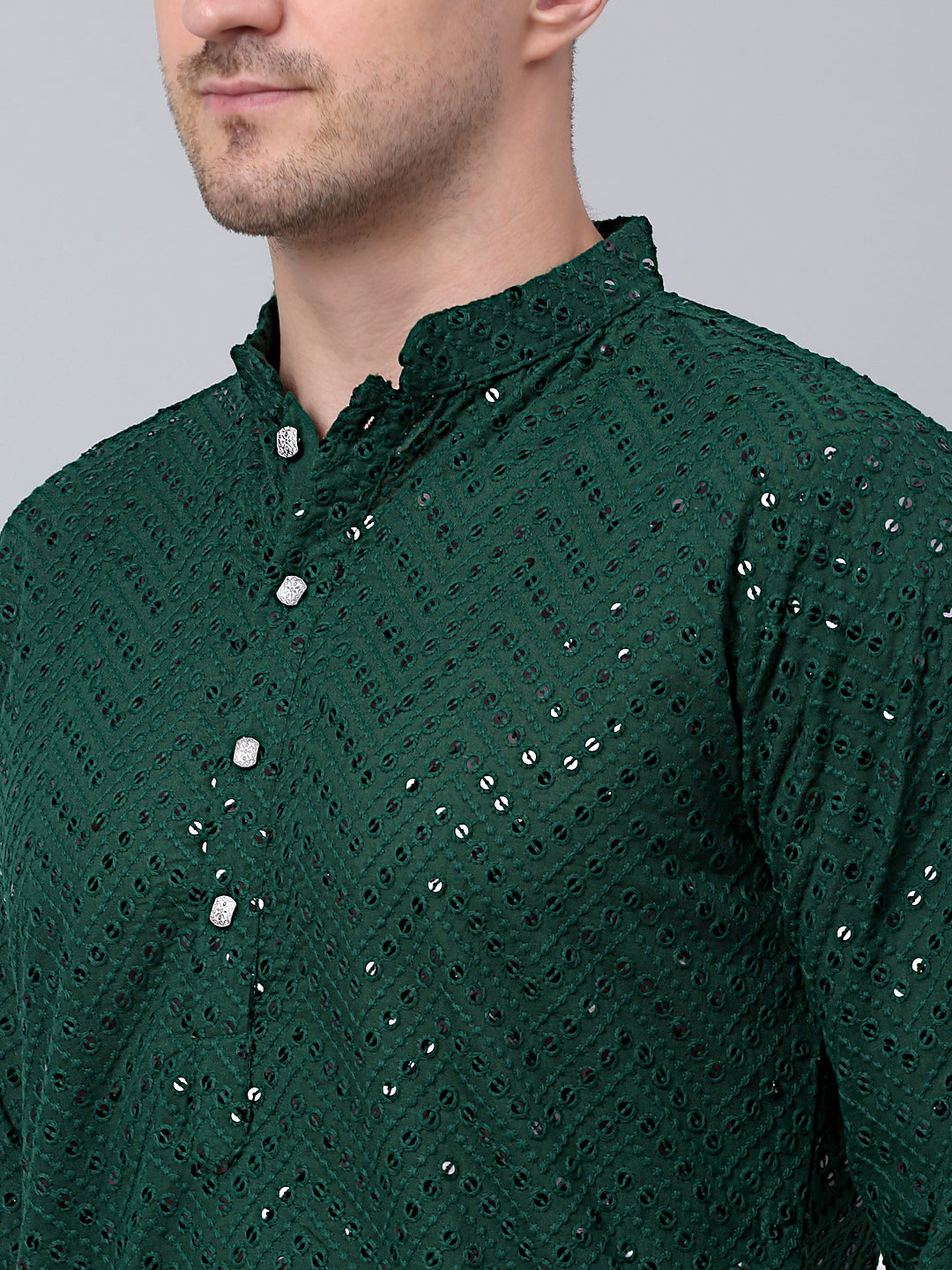 Men Olive Green Embroidered Sequinned Kurta with Churidar