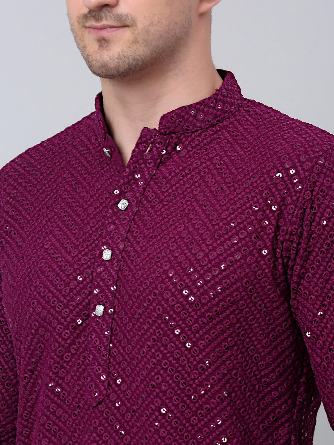 Men Purple Embroidered Sequinned Kurta with Churidar