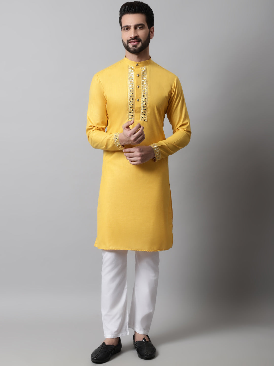 Men Yellow Embroidered Mirror Work Kurta with Churidar