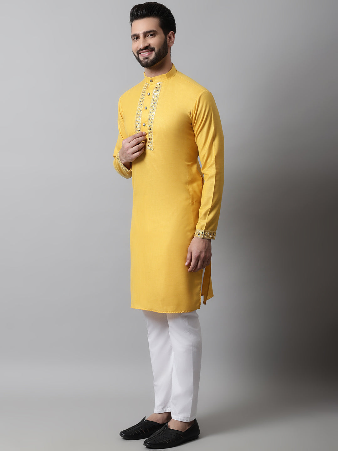 Men Yellow Embroidered Mirror Work Kurta with Churidar