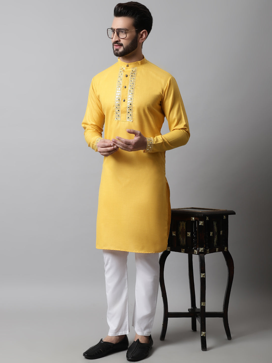 Men Yellow Embroidered Mirror Work Kurta with Churidar