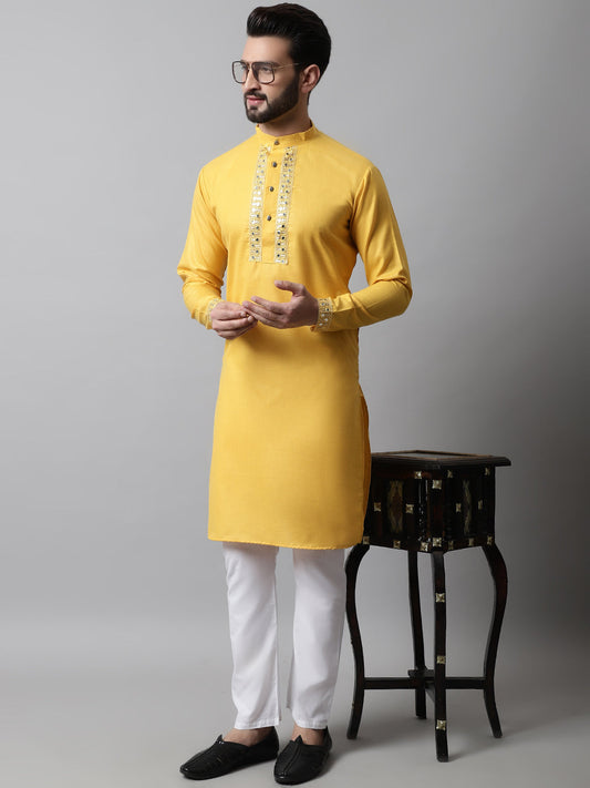Men Yellow Embroidered Mirror Work Kurta with Churidar