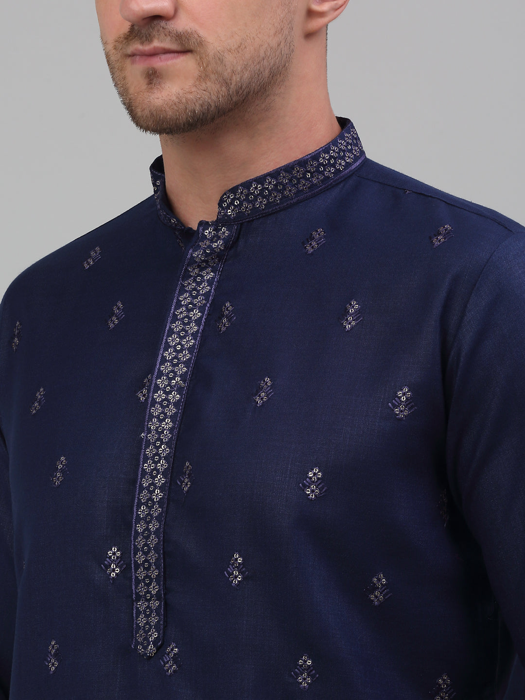 Men's Navy Blue Embroidered Straight Kurta Pyjama Set