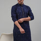 Men's Navy Blue Embroidered Straight Kurta Pyjama Set