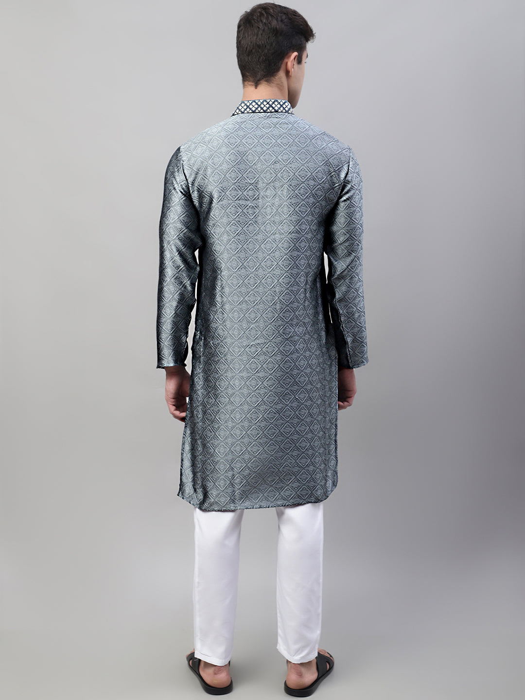 Men's Grey Collar Embroidered Silk Jacquard  Kurta Pyjama ( JOKP P 692Grey )