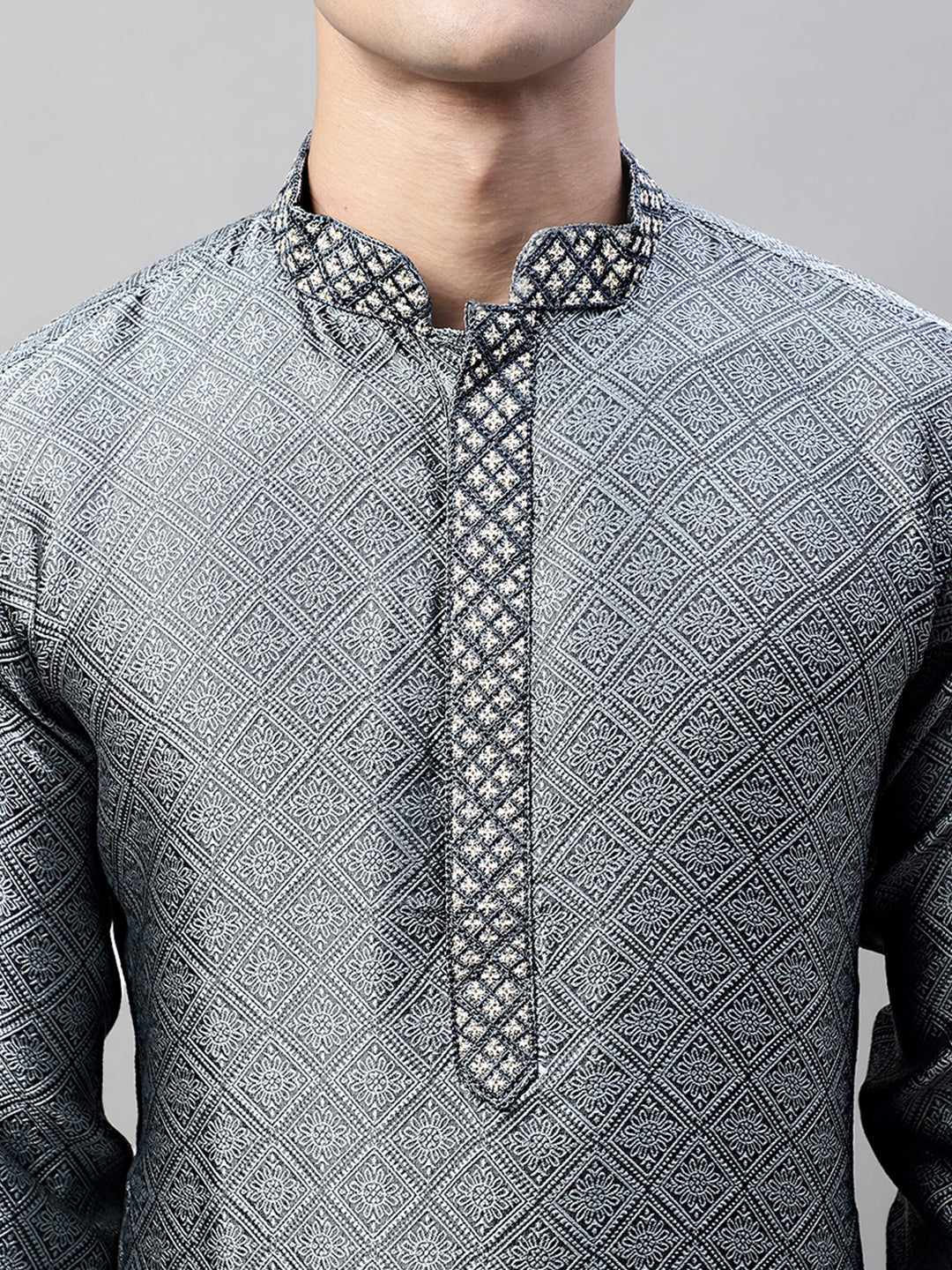 Men's Grey Collar Embroidered Silk Jacquard  Kurta Pyjama ( JOKP P 692Grey )
