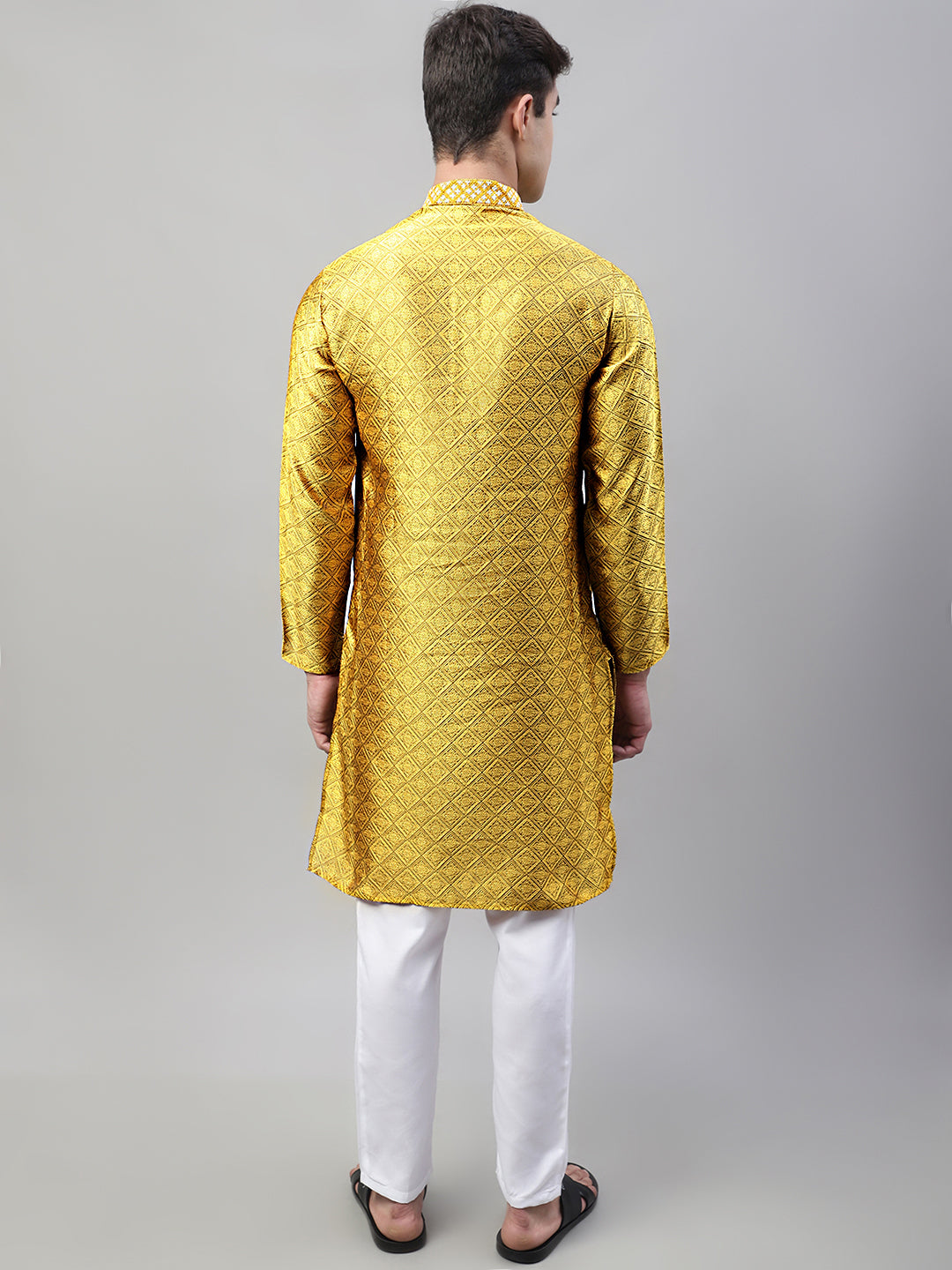 Men's Mustard Collar Embroidered Silk Jacquard  Kurta Pyjama ( JOKP P 692Mustard )