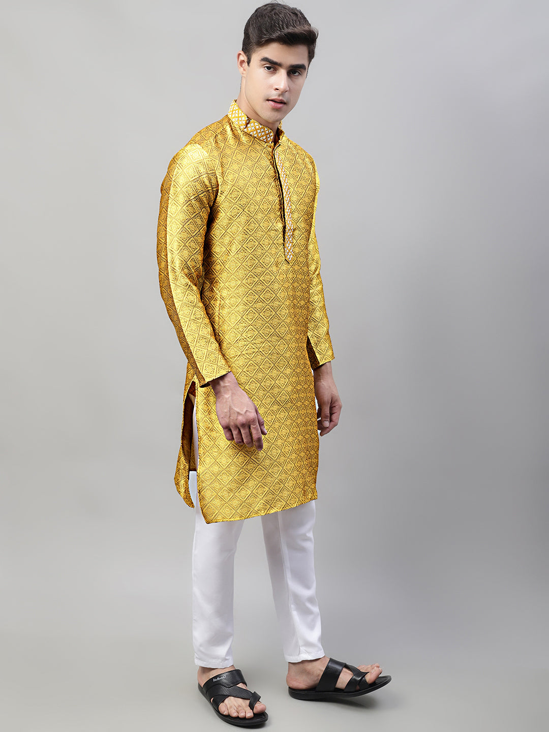 Men's Mustard Collar Embroidered Silk Jacquard  Kurta Pyjama ( JOKP P 692Mustard )